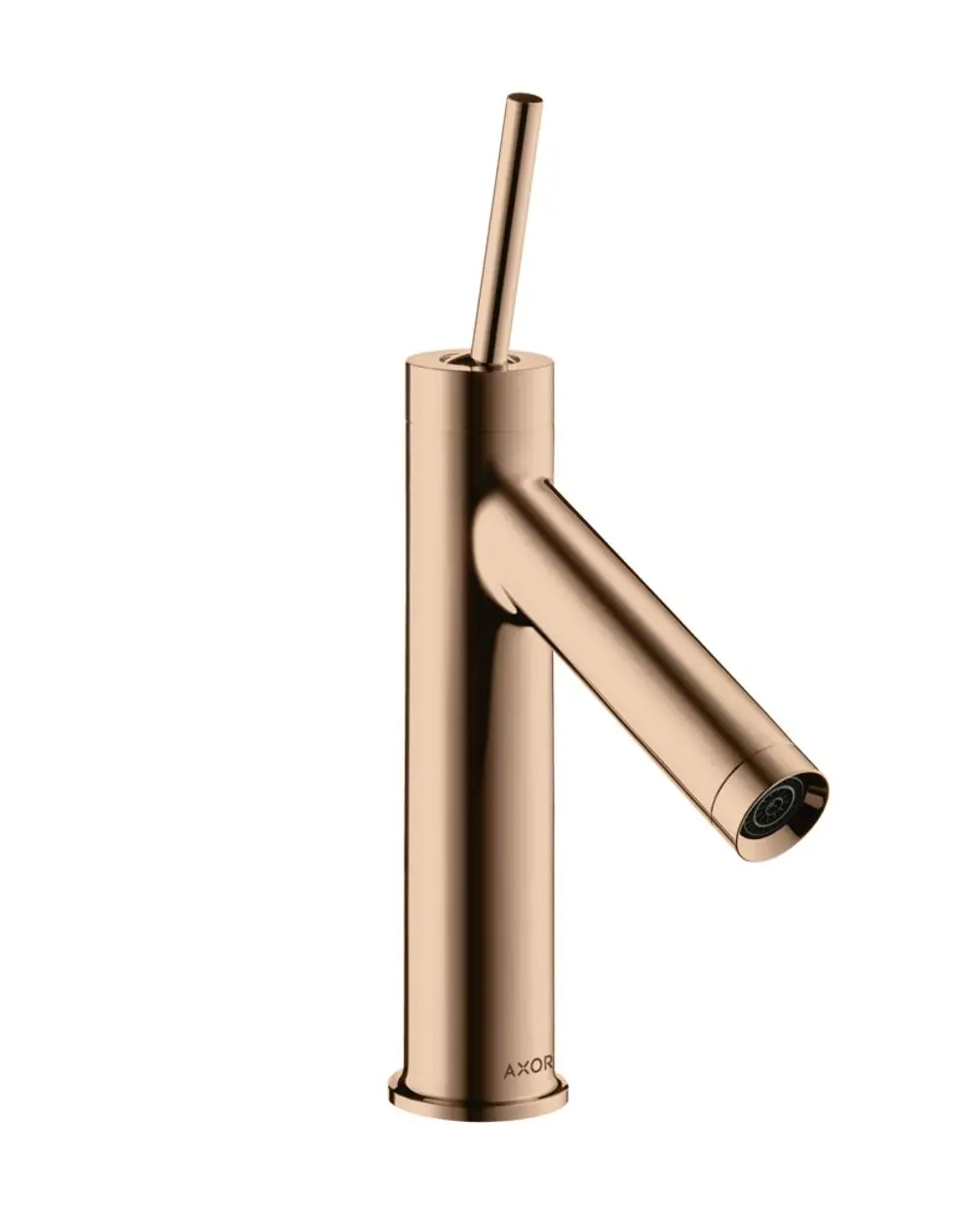 Ein Einhebel-Waschtischmischer in Polished Red Gold von AXOR mit einem schlanken Design, leichtem Pingriff und integriertem Ablaufmechanismus.